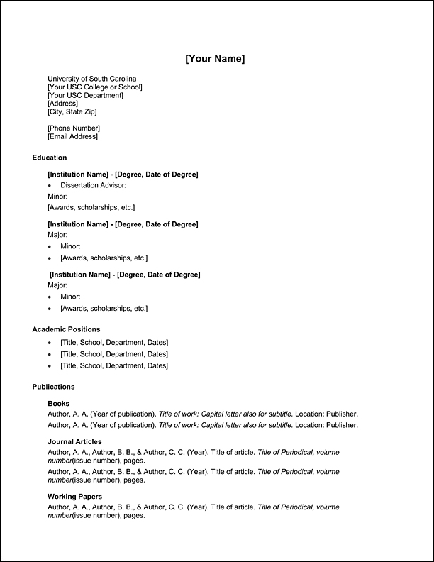 Sample CV with name at top center and placeholder text below.