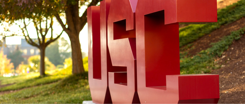 View of the outside of Russell House with the USC Letters.