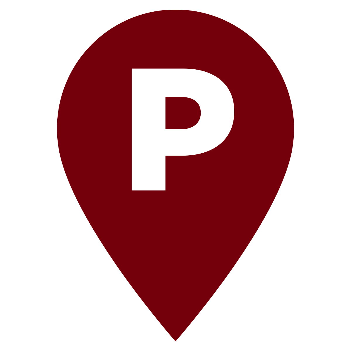 Garnet map pin icon with w white P in the middle