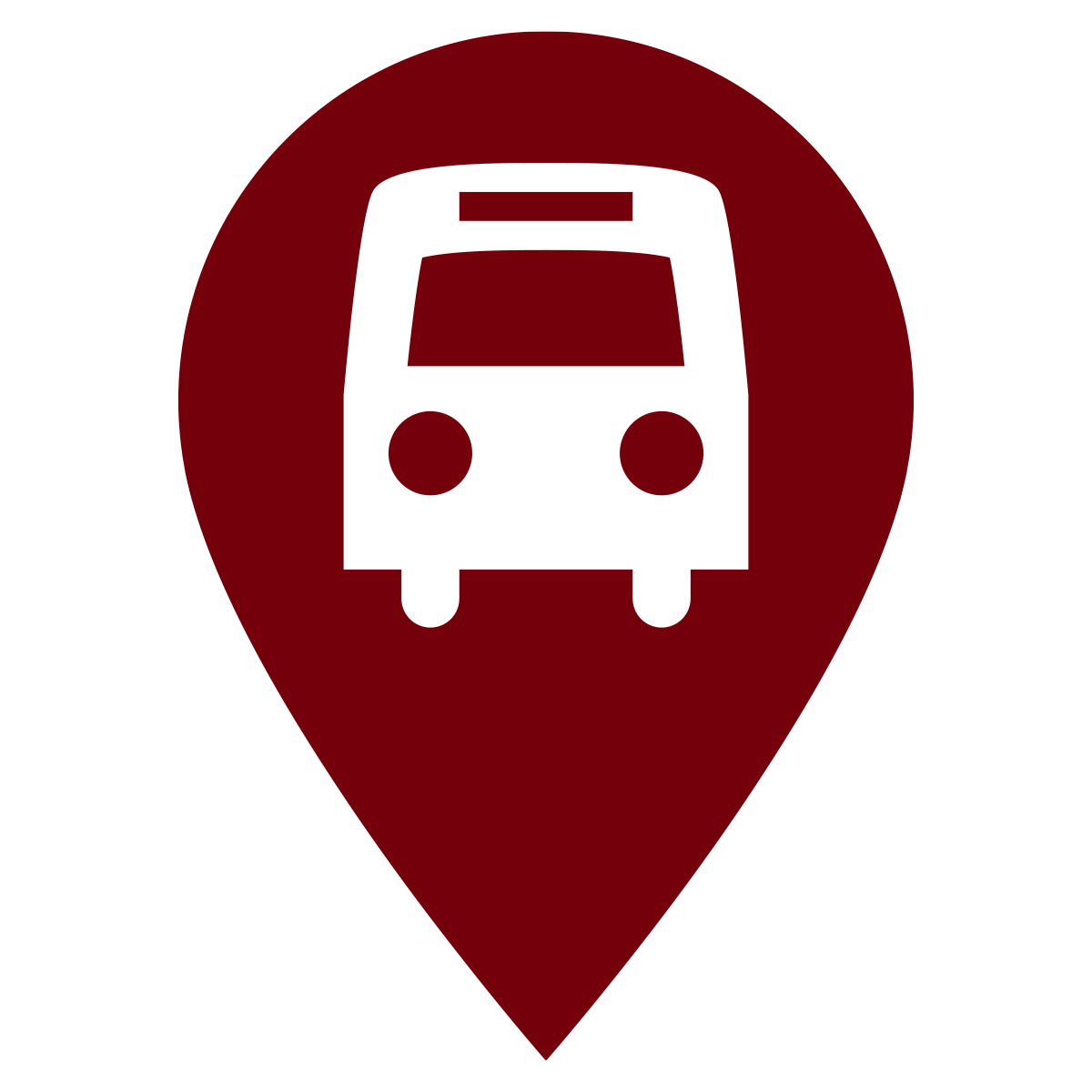 Garnet map pin icon with a white shuttle in the middle