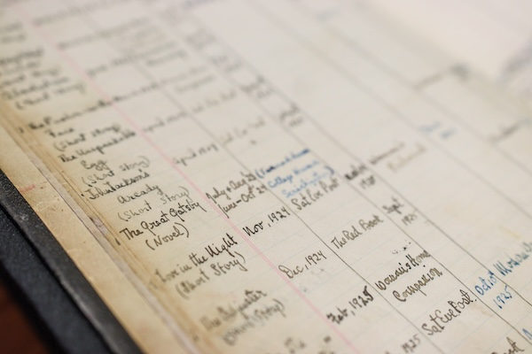 Close up of The Great Gatsby handwritten in log book
