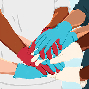 Illustration of nurses' gloved hands piled on top of one another.